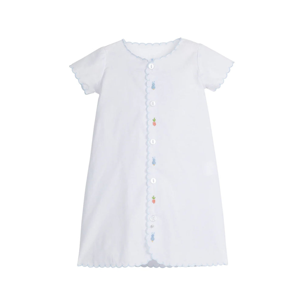 Front view of baby day gown with button-front, blue scalloped trim and bunny and carrot embroidery on white background