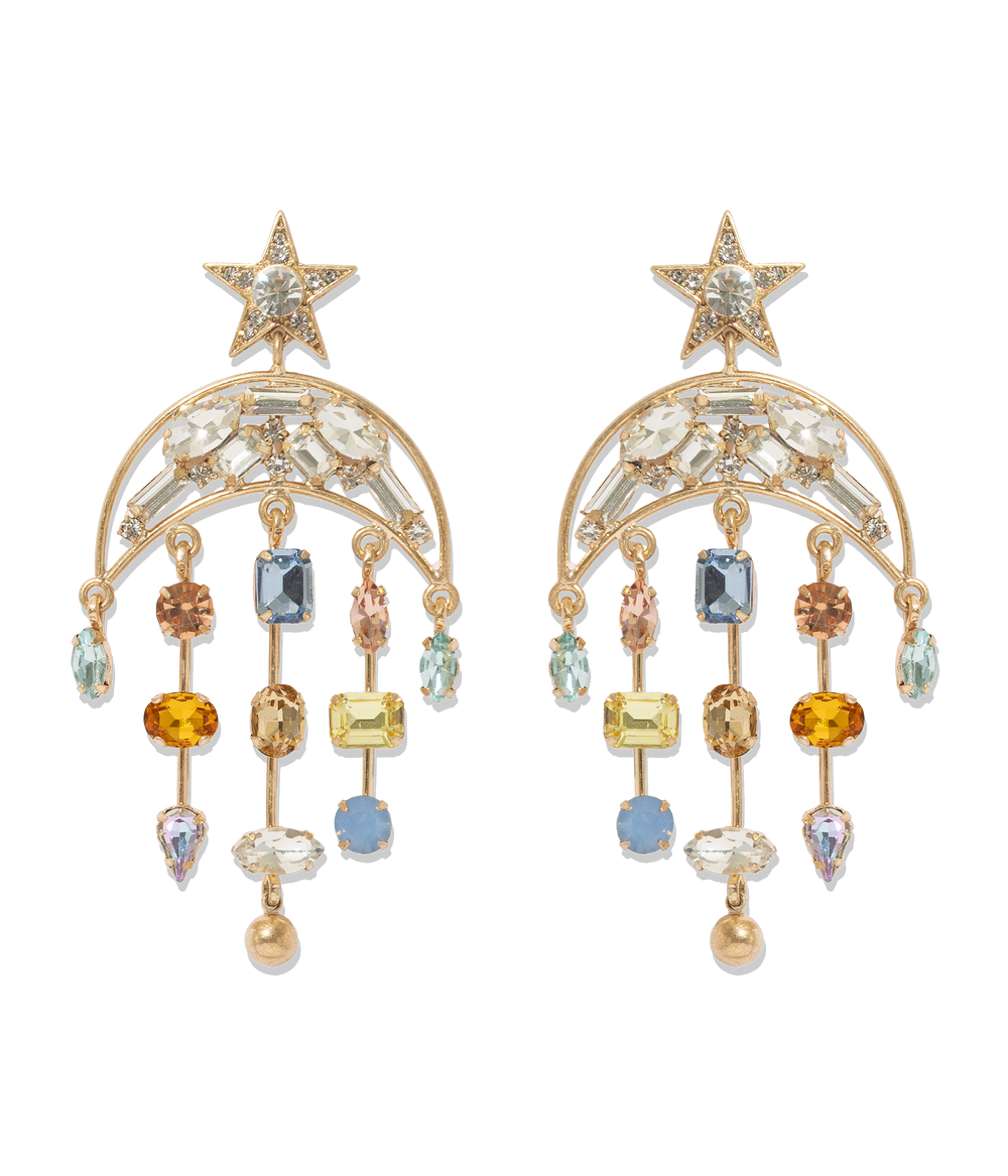 Front view of Daydreamer earrings showcasing gold-tone crescent with star top and dangling multicolored glass stones on white background