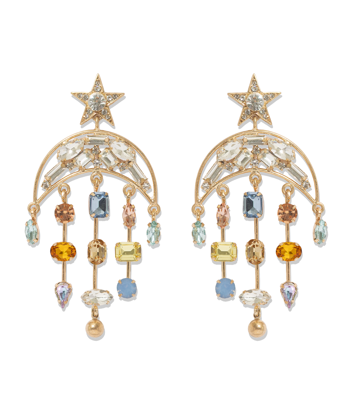 Front view of Daydreamer earrings showcasing gold-tone crescent with star top and dangling multicolored glass stones on white background
