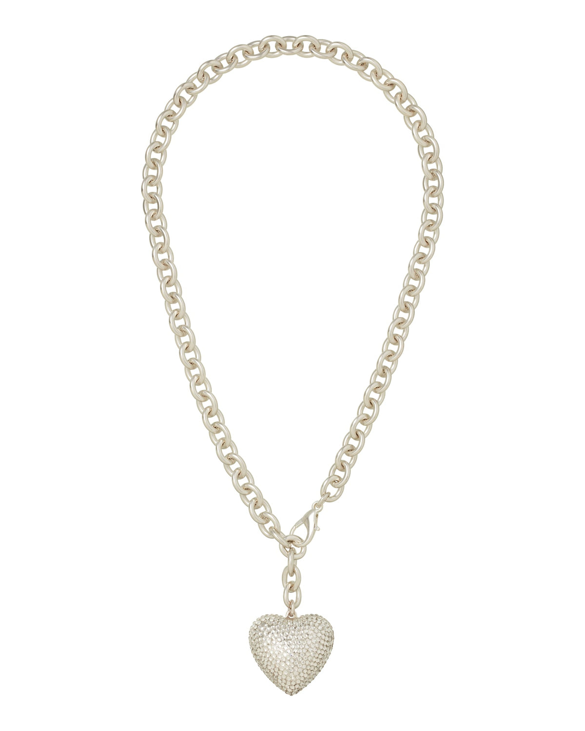 Close up of Dazzling Puffy Heart Necklace showing crystal encrusted heart pendant on silver plated chain on white background