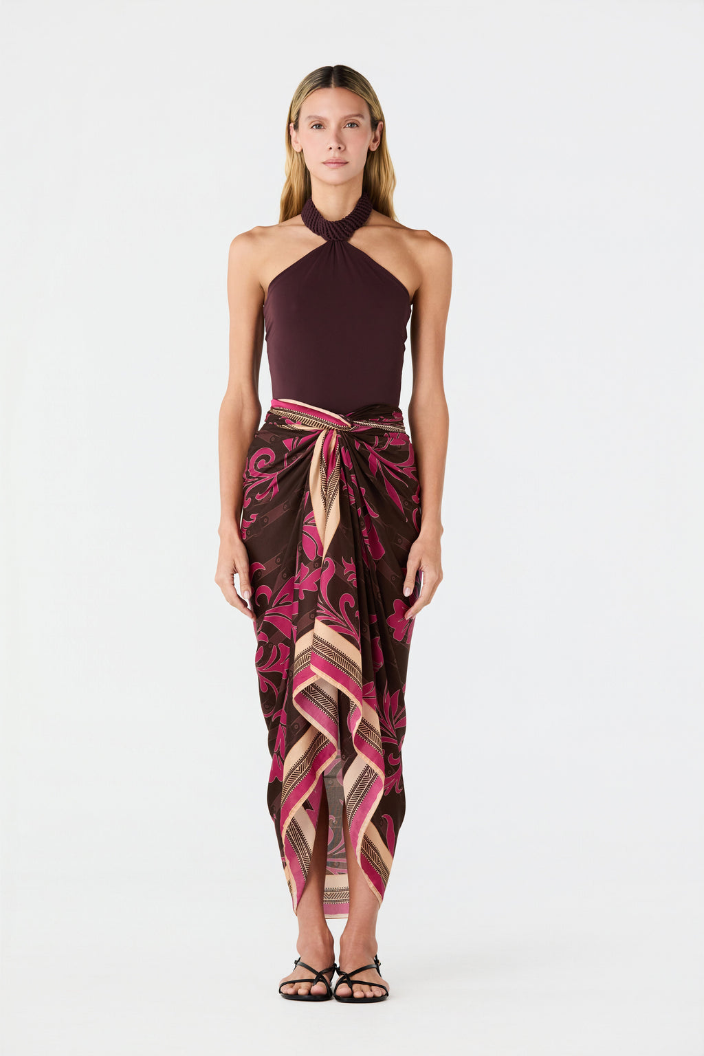 De La Falaise Cotton Silk Sarong in Fuchsia Flowers