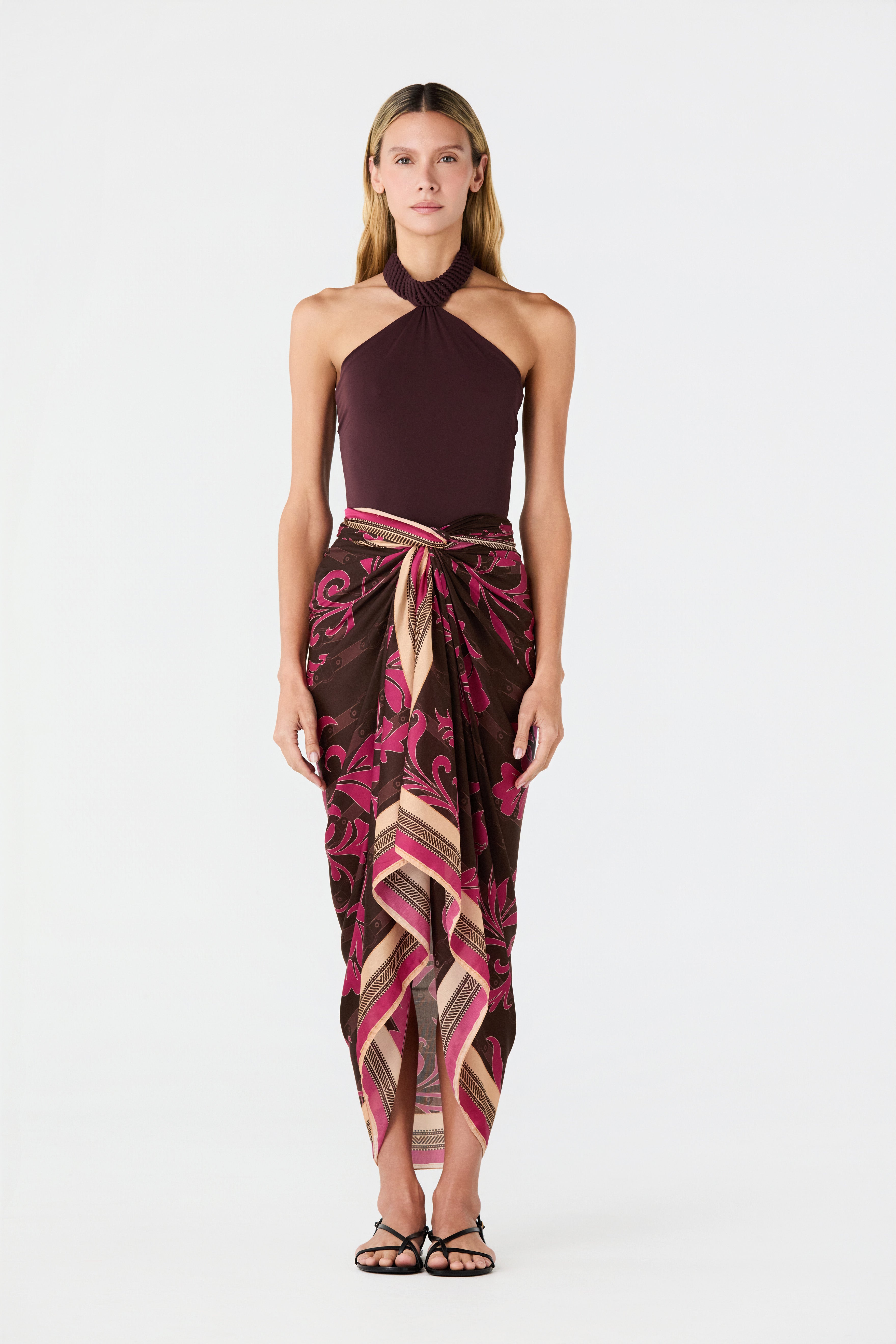 De La Falaise Cotton Silk Sarong in Fuchsia Flowers