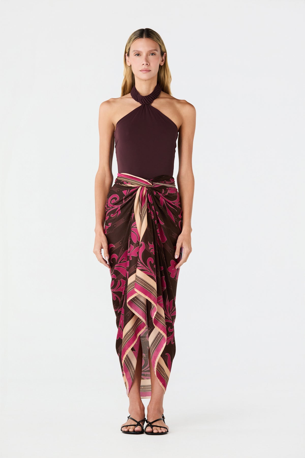 De La Falaise Cotton Silk Sarong in Fuchsia Flowers