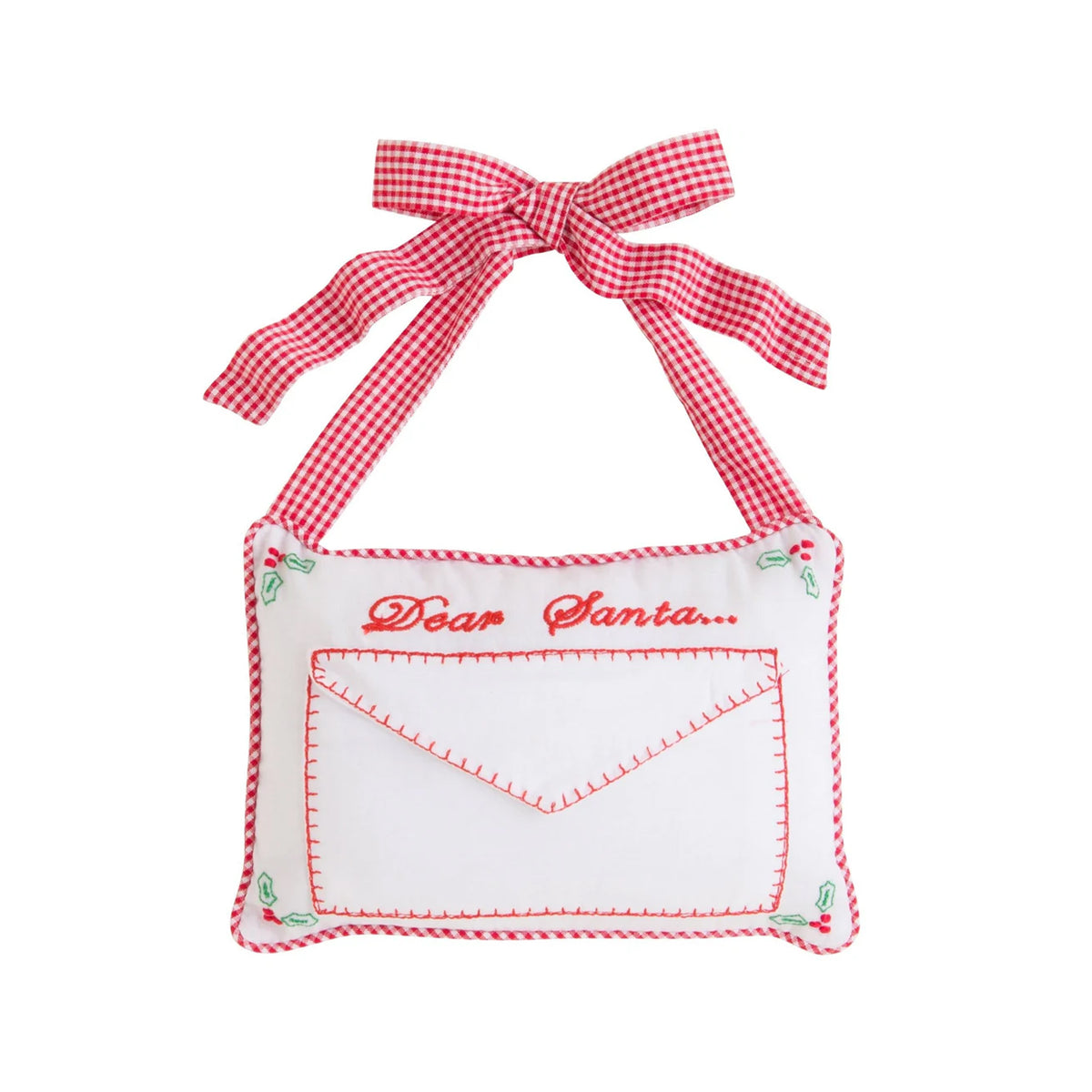 Front view of Dear Santa Door Pillow showcasing red gingham trim, bow ties, and envelope design on a white background