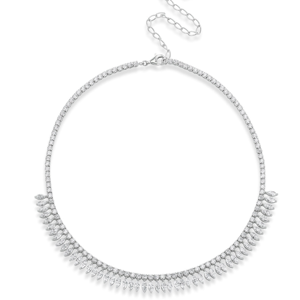 The Deco Feather Collar Necklace features sparkling round and marquise diamonds set in delicate silver, with 18k white and rose gold accents. An adjustable chain and secure clasp complete this timeless, elegant piece.