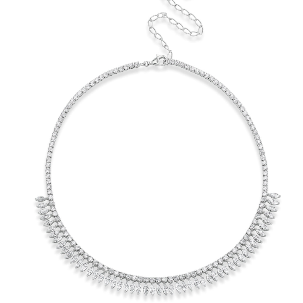 The Deco Feather Collar Necklace features sparkling round and marquise diamonds set in delicate silver, with 18k white and rose gold accents. An adjustable chain and secure clasp complete this timeless, elegant piece.
