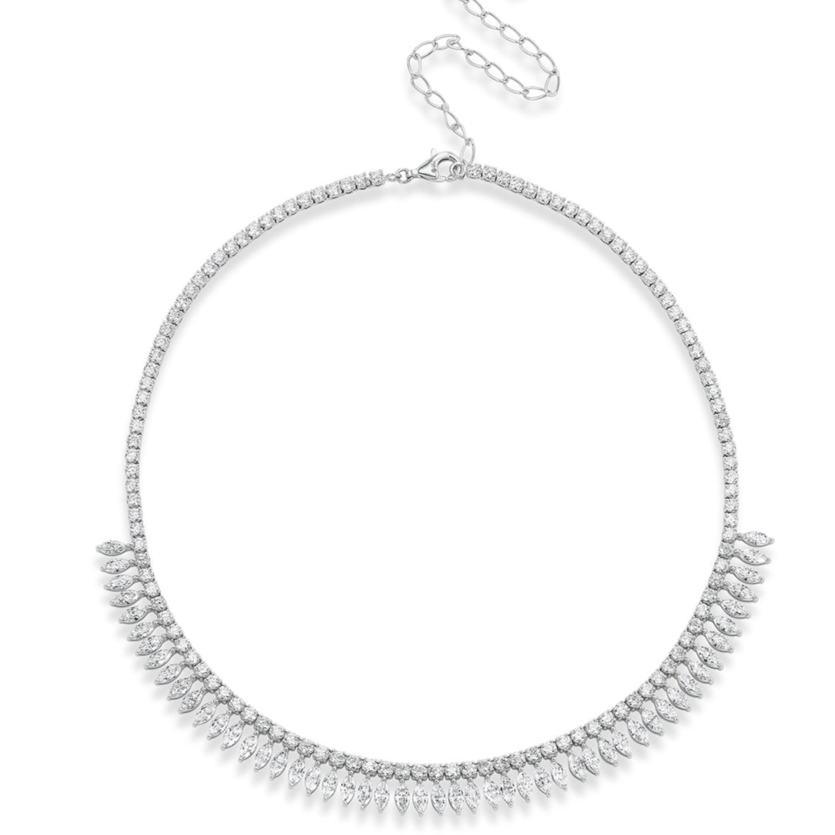 The Deco Feather Collar Necklace features sparkling round and marquise diamonds set in delicate silver, with 18k white and rose gold accents. An adjustable chain and secure clasp complete this timeless, elegant piece.