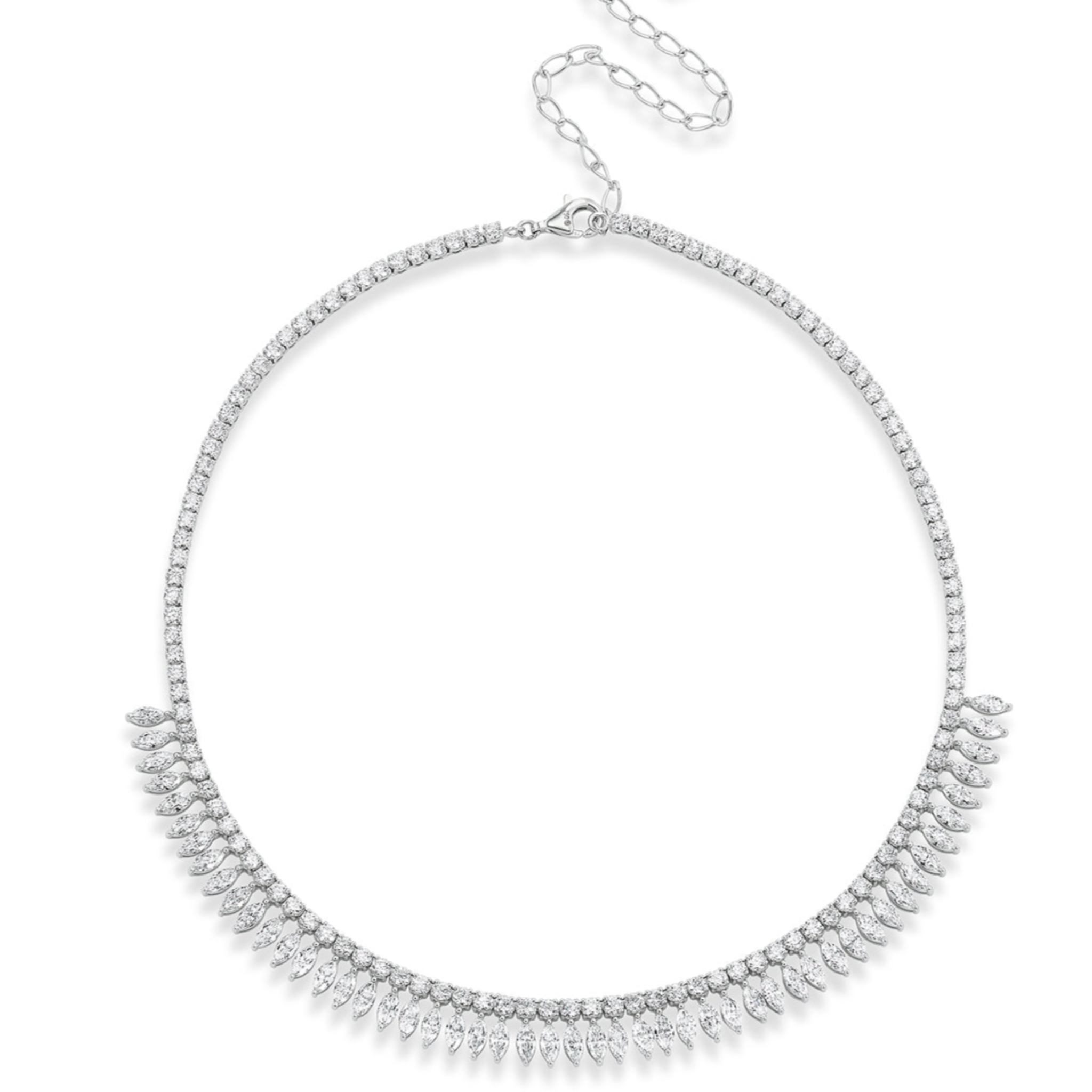 The Deco Feather Collar Necklace features sparkling round and marquise diamonds set in delicate silver, with 18k white and rose gold accents. An adjustable chain and secure clasp complete this timeless, elegant piece.