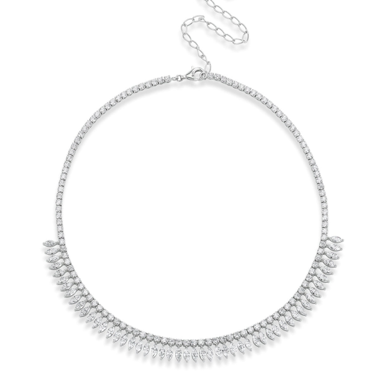 The Deco Feather Collar Necklace features sparkling round and marquise diamonds set in delicate silver, with 18k white and rose gold accents. An adjustable chain and secure clasp complete this timeless, elegant piece.