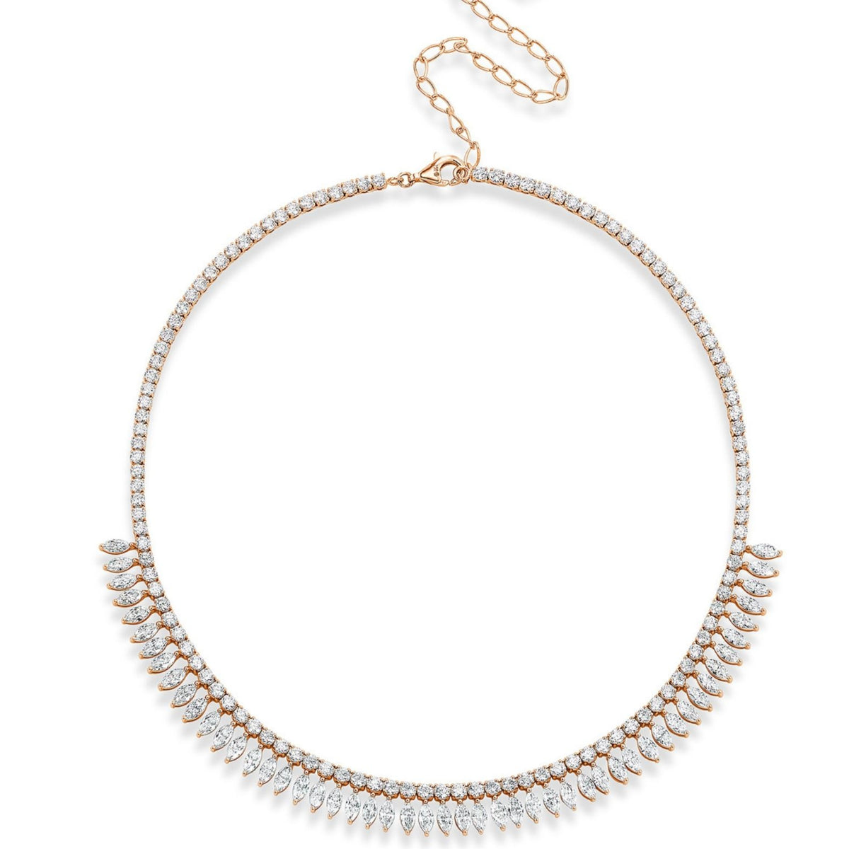 The Deco Feather Collar Necklace features marquise diamonds, teardrop-shaped diamond clusters, and a row of round diamonds on the front. Crafted in 18k white and rose gold, it has an adjustable chain with a lobster clasp.