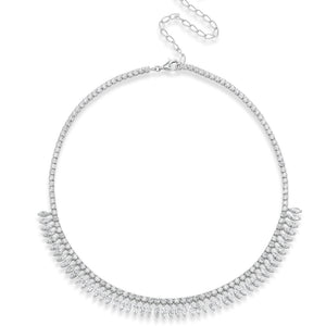The Deco Feather Collar Necklace features sparkling round and marquise diamonds set in delicate silver, with 18k white and rose gold accents. An adjustable chain and secure clasp complete this timeless, elegant piece.