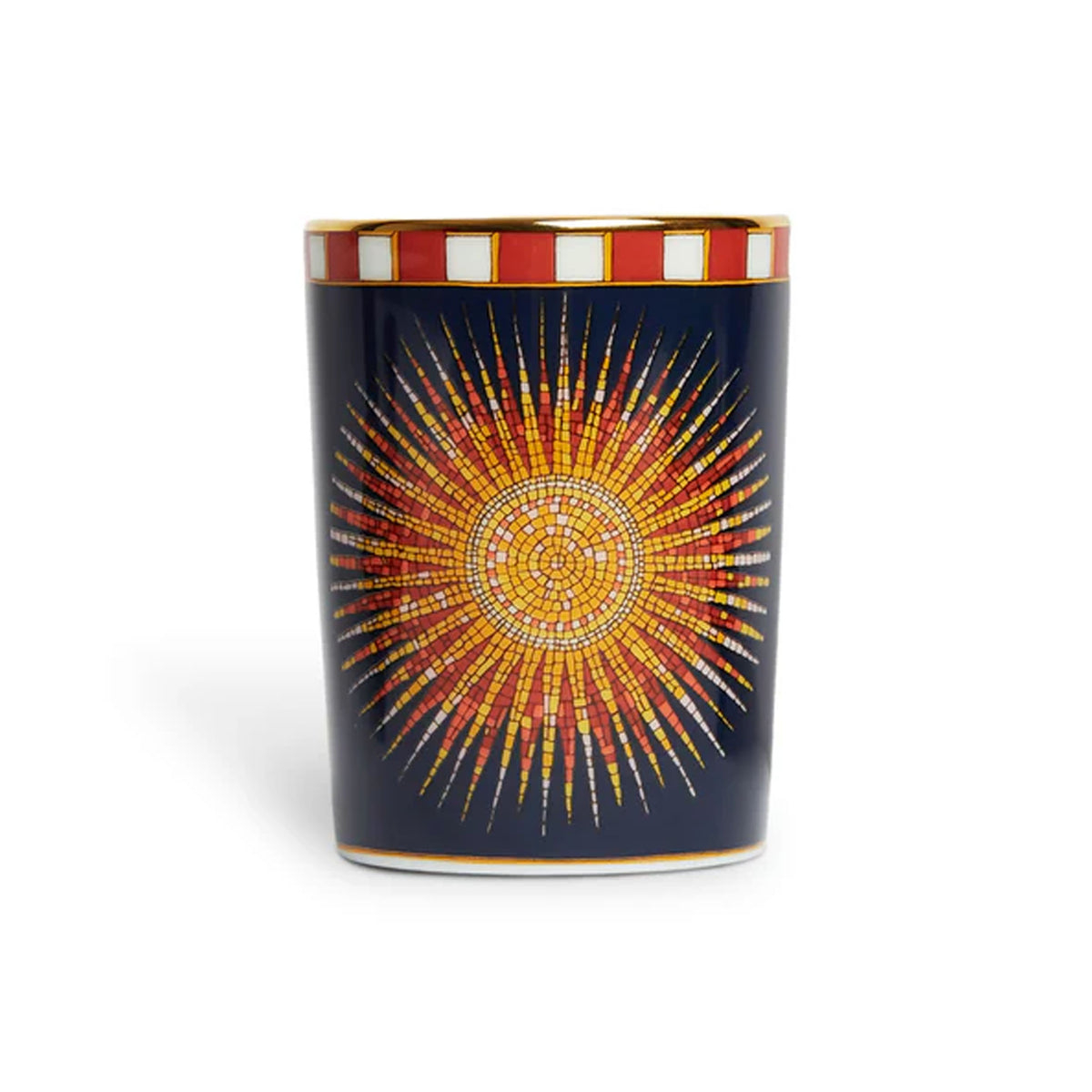 Front view of Decorative Cup in Sunrays Midnight showcasing its radial mosaic pattern and gold trim against a white background
