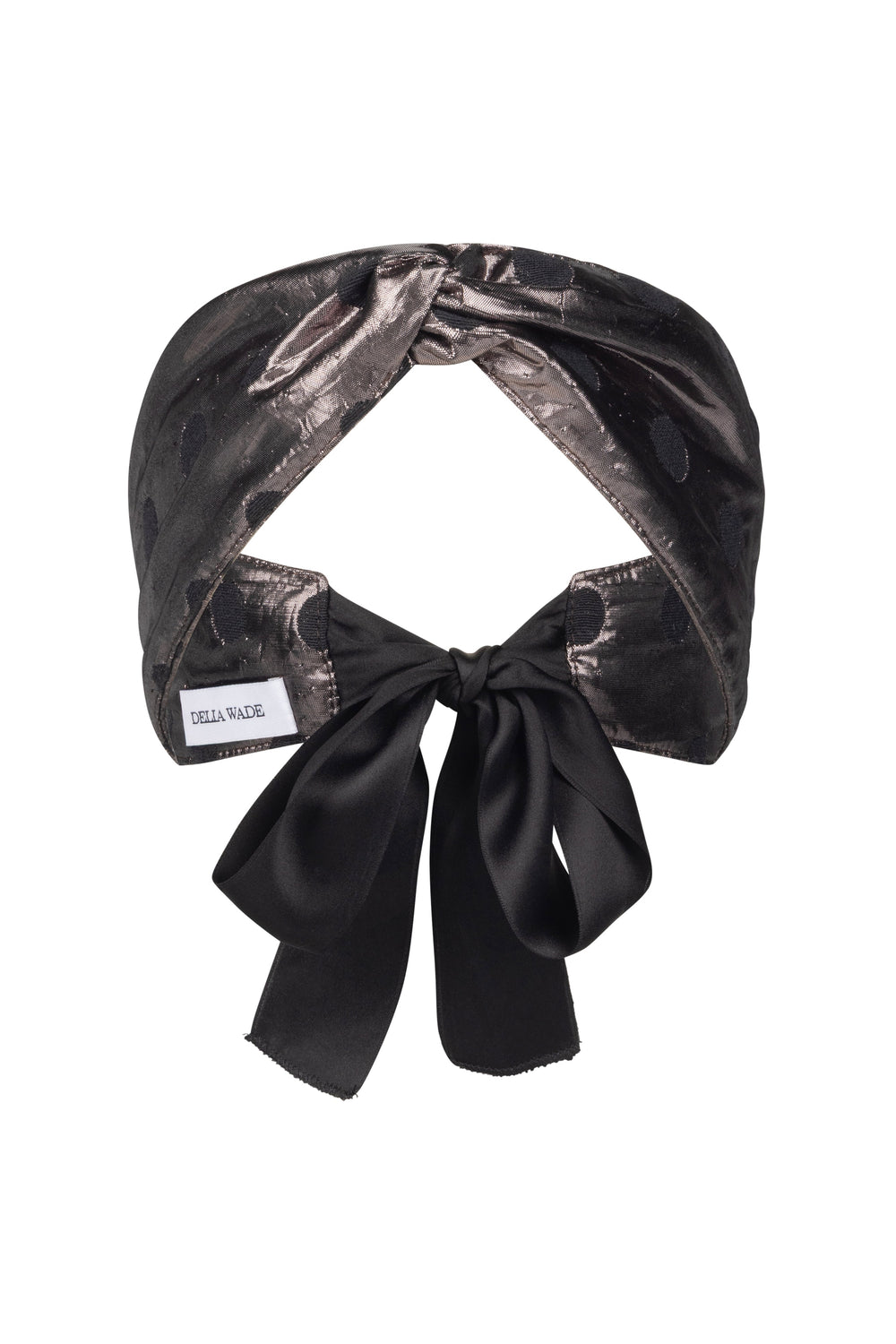 Back view of Delia Wade headband in Petit Pois Jacquard showing ribbon tie closure and knotted top on white background