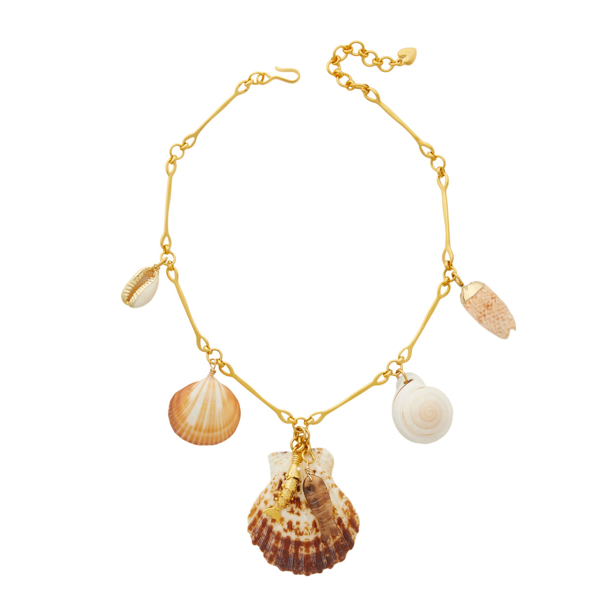 Front view of Del Mar Necklace with 24K gold-plated chain and hanging natural shells and fish charms on white background