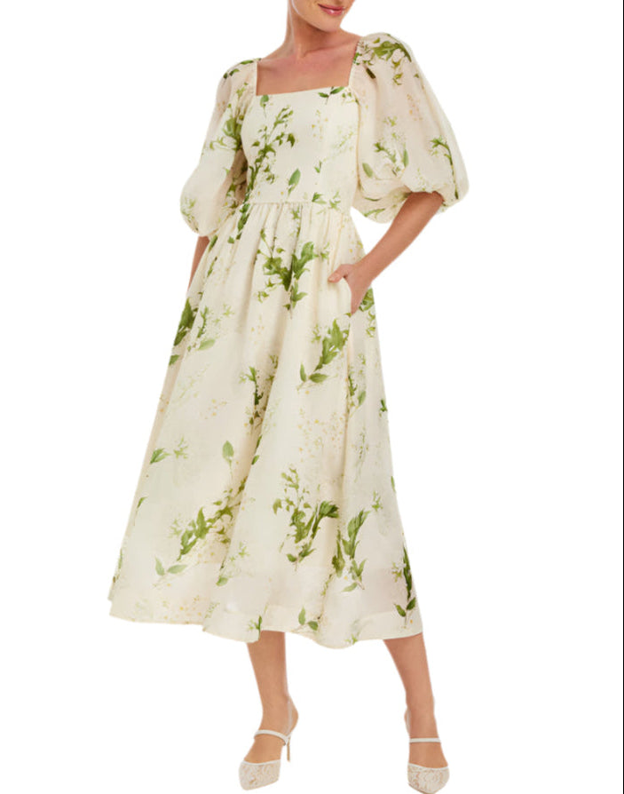 Delphine Midi Dress in Ivory & Green