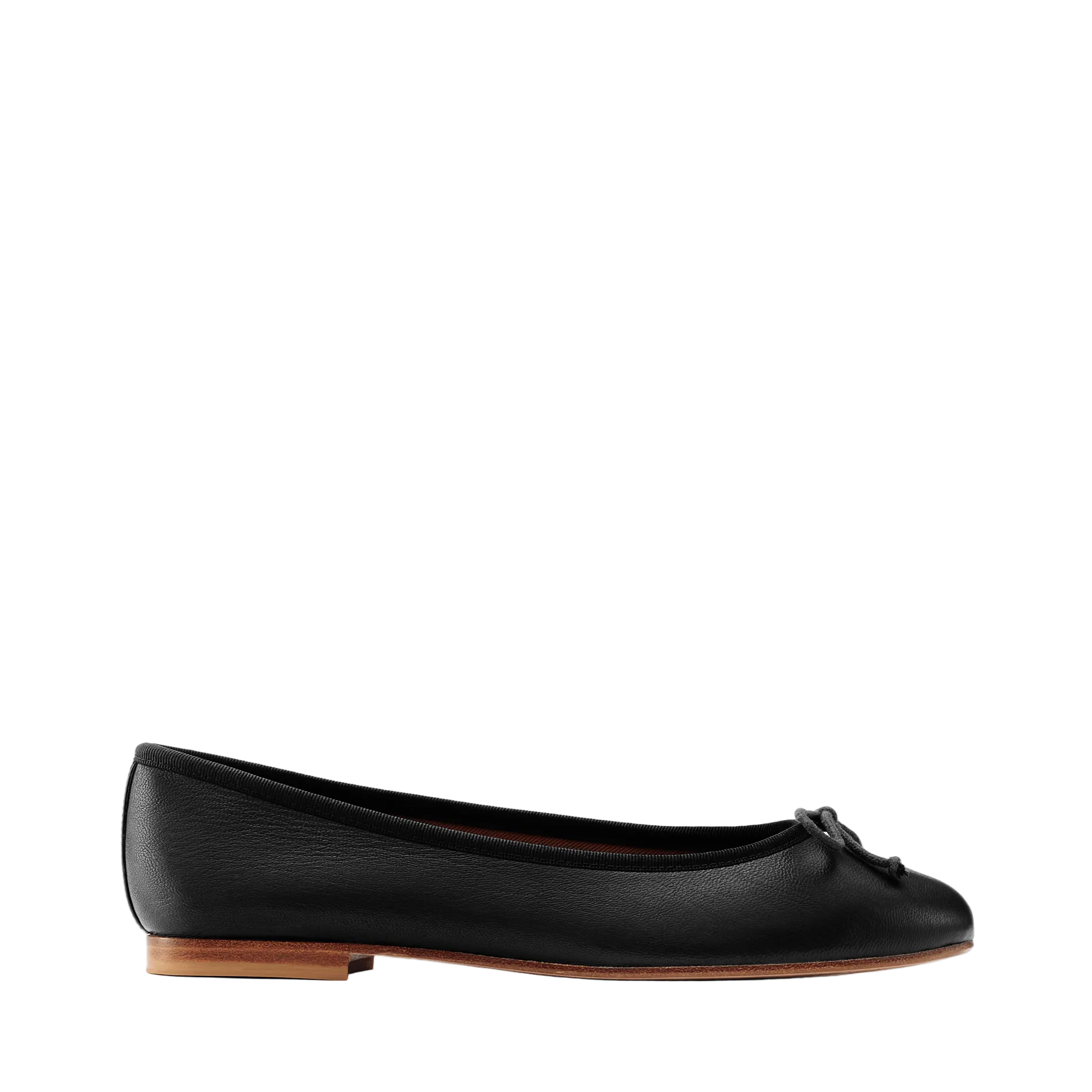 The Demi - Black Nappa by margaux-development is a handmade black leather ballet flat from Spain, with a small toe bow and low brown sole, shown in side view against a plain light background.