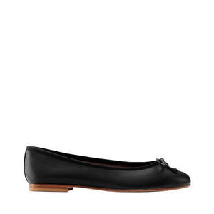 The Demi - Black Nappa by margaux-development is a handmade black leather ballet flat from Spain, with a small toe bow and low brown sole, shown in side view against a plain light background.