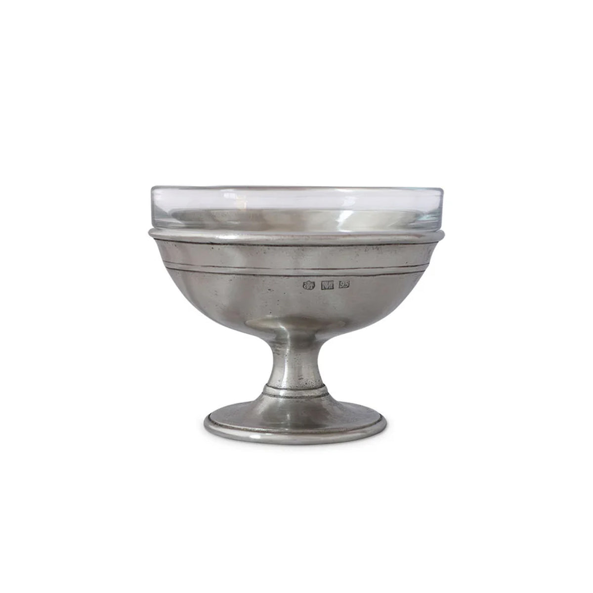 Front view of pedestal dessert dish with metal base and removable clear glass insert on white background