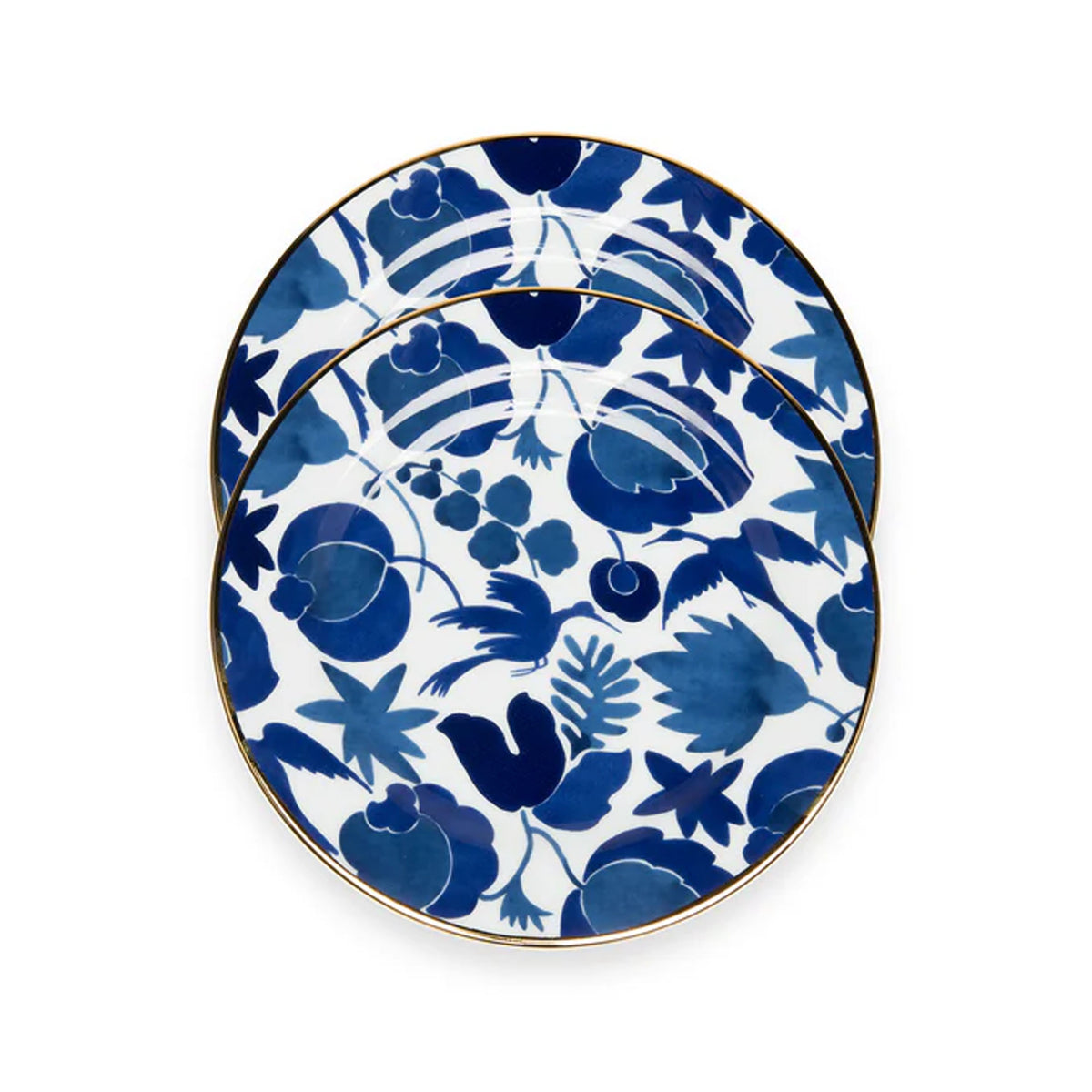 Top view of Wildbird Blue dessert plates, set of 2, with vintage Wildbird print and 18K gold trim on white background