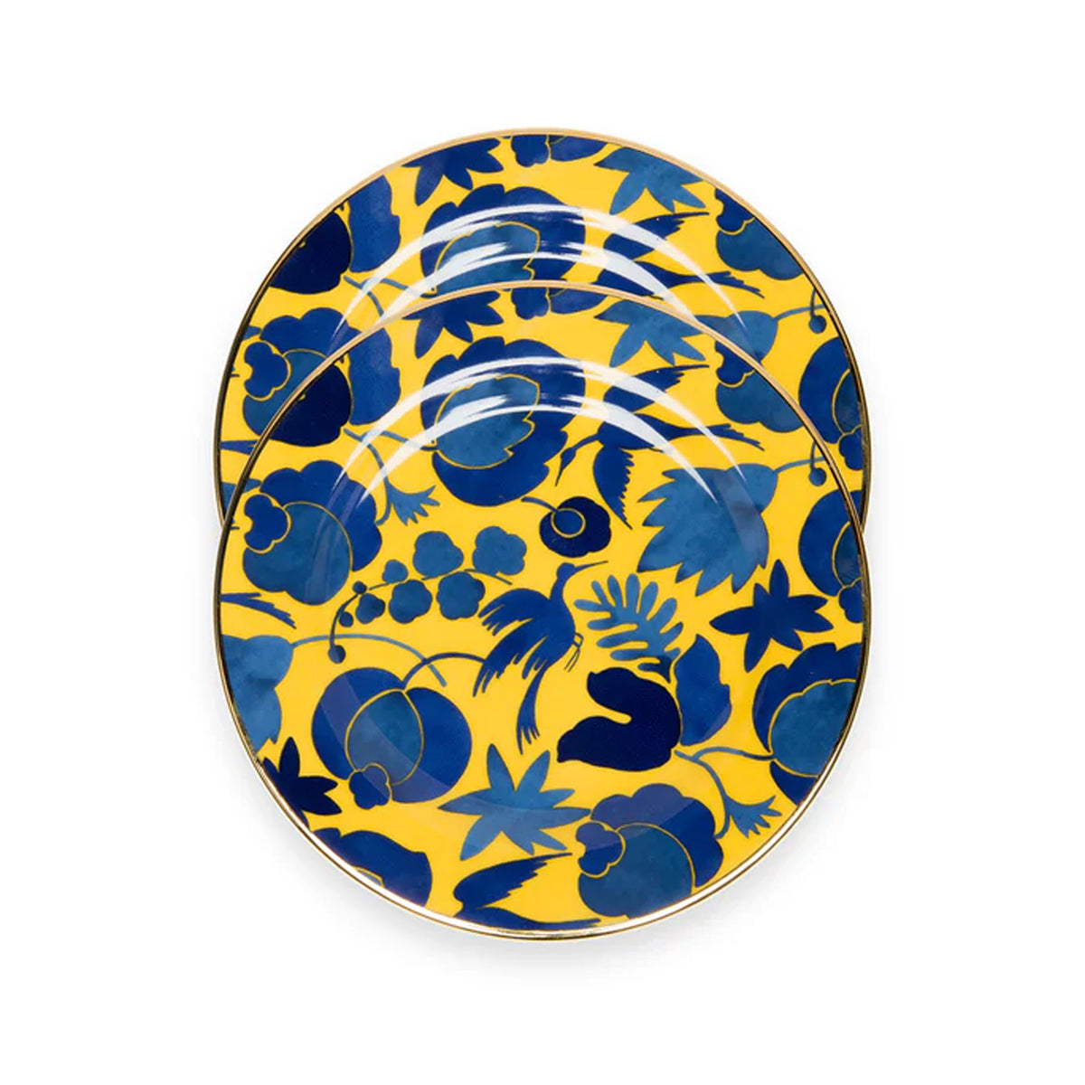 Top view of Wildbird Light Blue dessert plates, set of 2, showcasing vintage print and hand-painted 18K gold trim on white