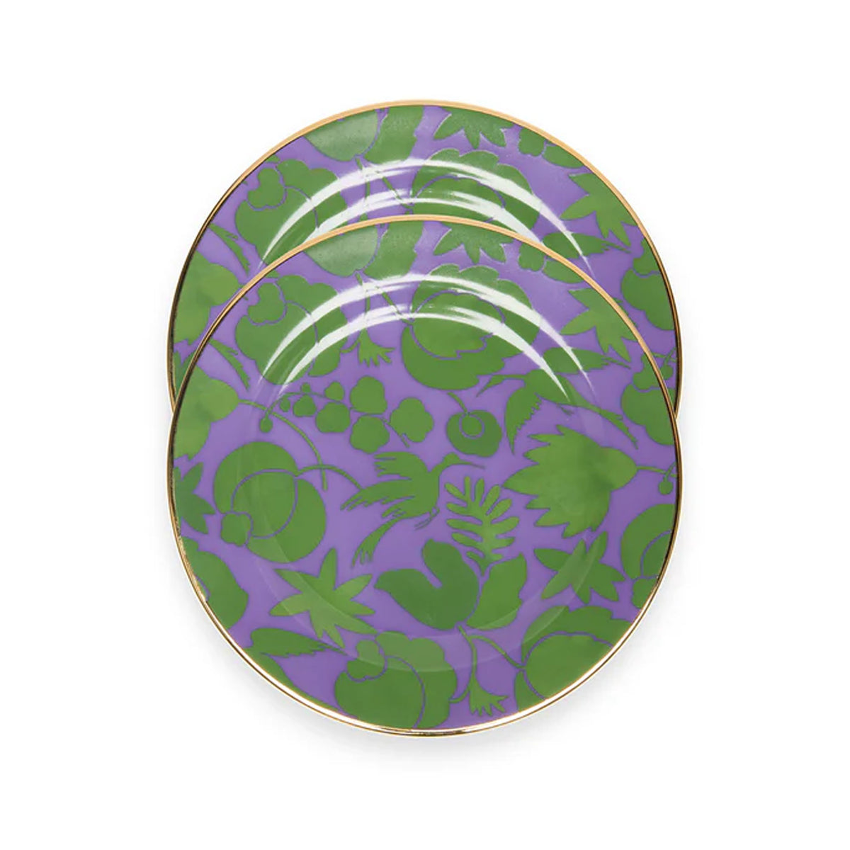 Front view of Dessert Plates in Wildbird Lilla/Verde, set of 2, showcasing botanical print and 18K gold trim on white background