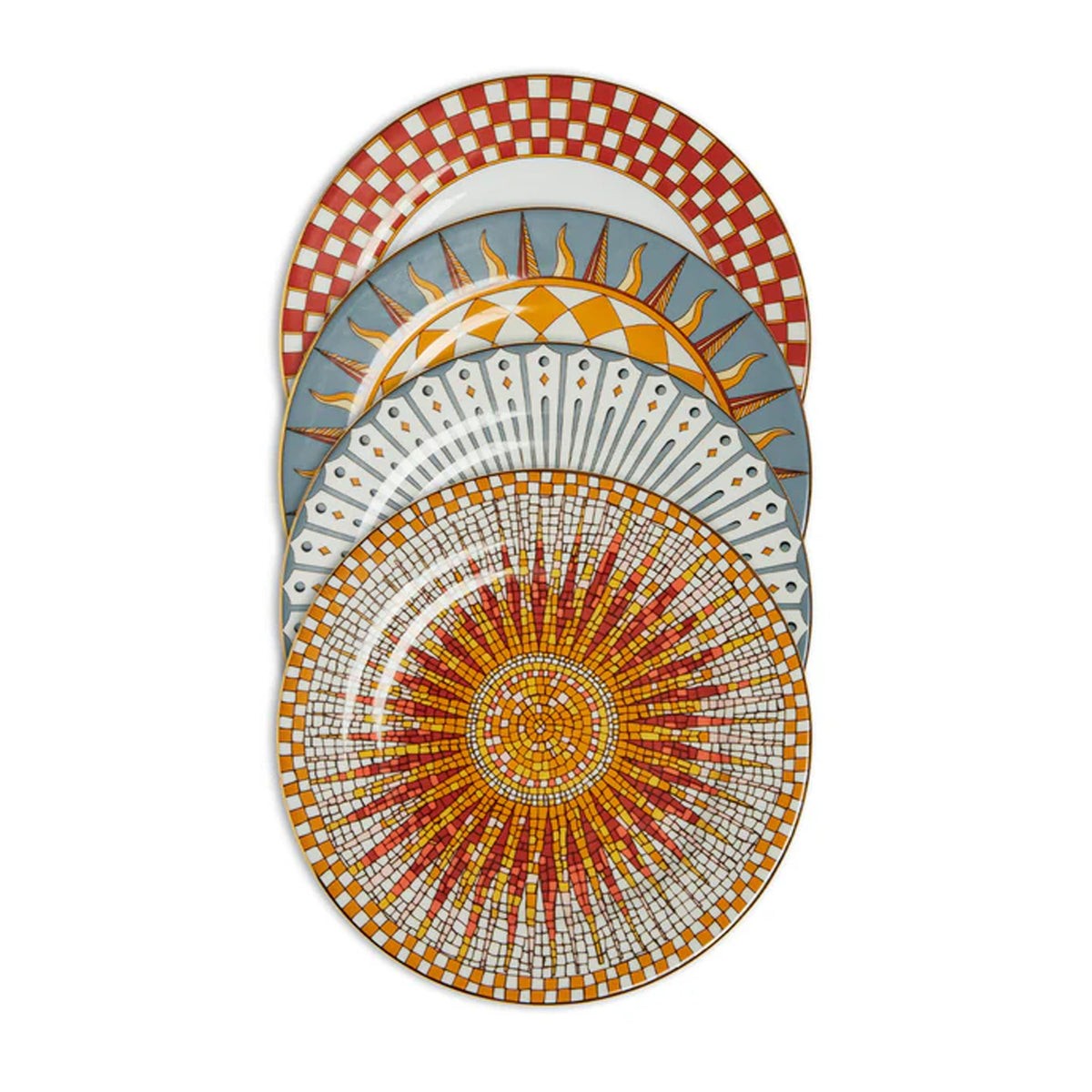 Front view of four Solar Multicolor dessert plates with geometric patterns and hand-painted 18 karat gold trim
