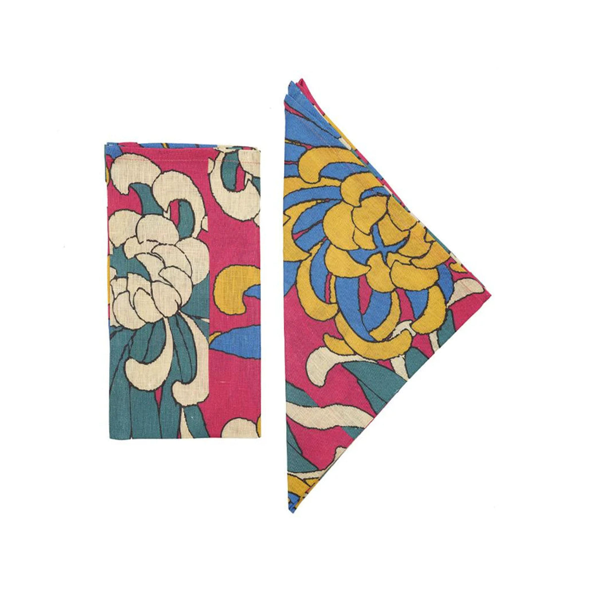Front view of Dhalia Napkins, Set of 4 showcasing rich gold, blue, crimson, and green floral design with a white background