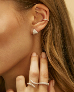 The Diamond Earring Cup shown with the Classic Cuff. Additionally, the model is wearing our Viper Ring and Dome Band on the hand., 14k yellow gold, 14k rose gold, 14k white gold