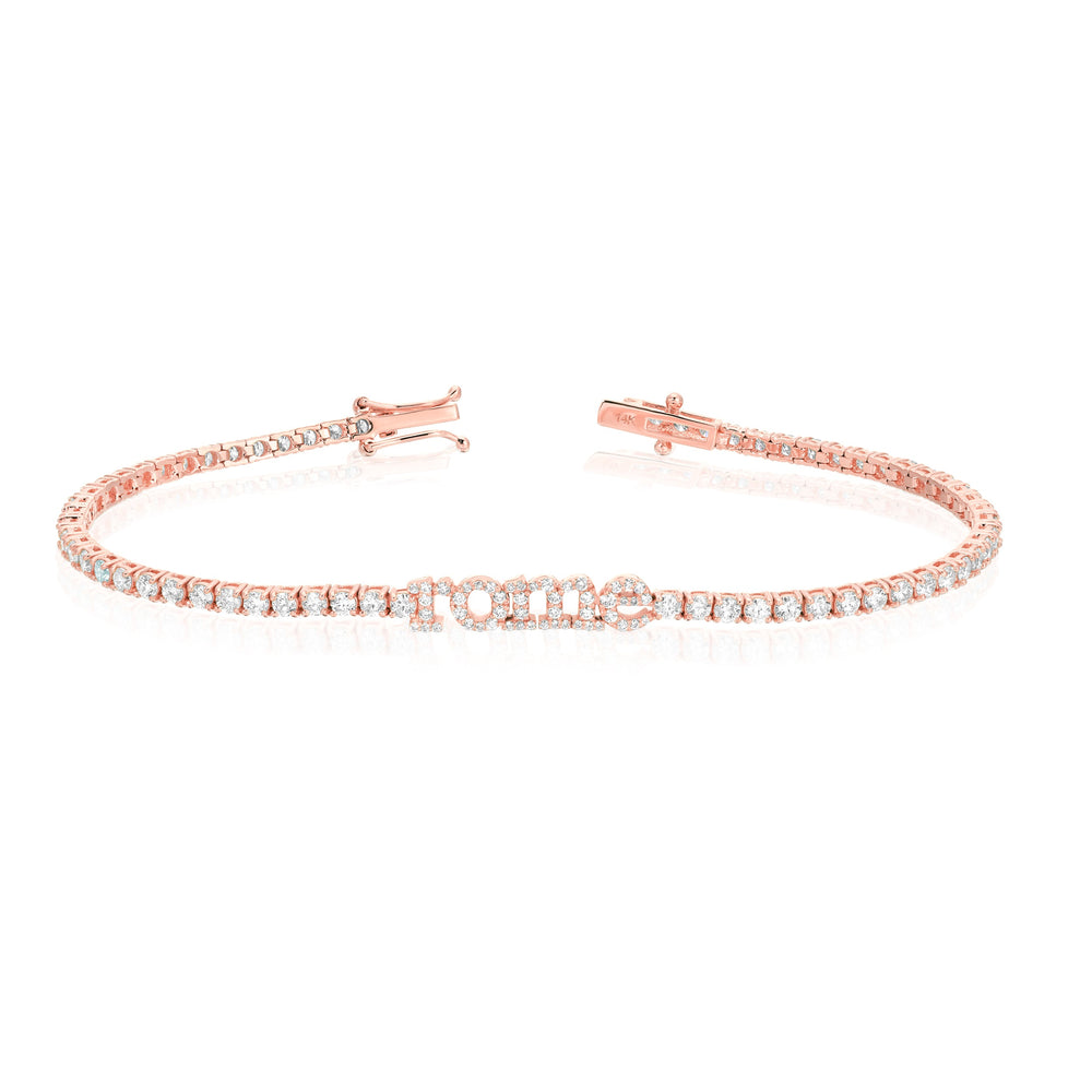 Front view of Custom Name Tennis Bracelet in 14k rose gold showcasing a diamond-set lowercase nameplate on a white background