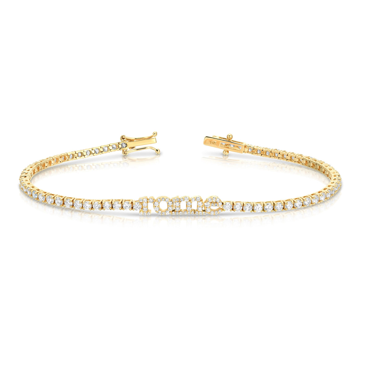 Top-down view of Custom Name Tennis Bracelet in 14k yellow gold featuring rome spelled in diamonds and a line of round diamonds on white background
