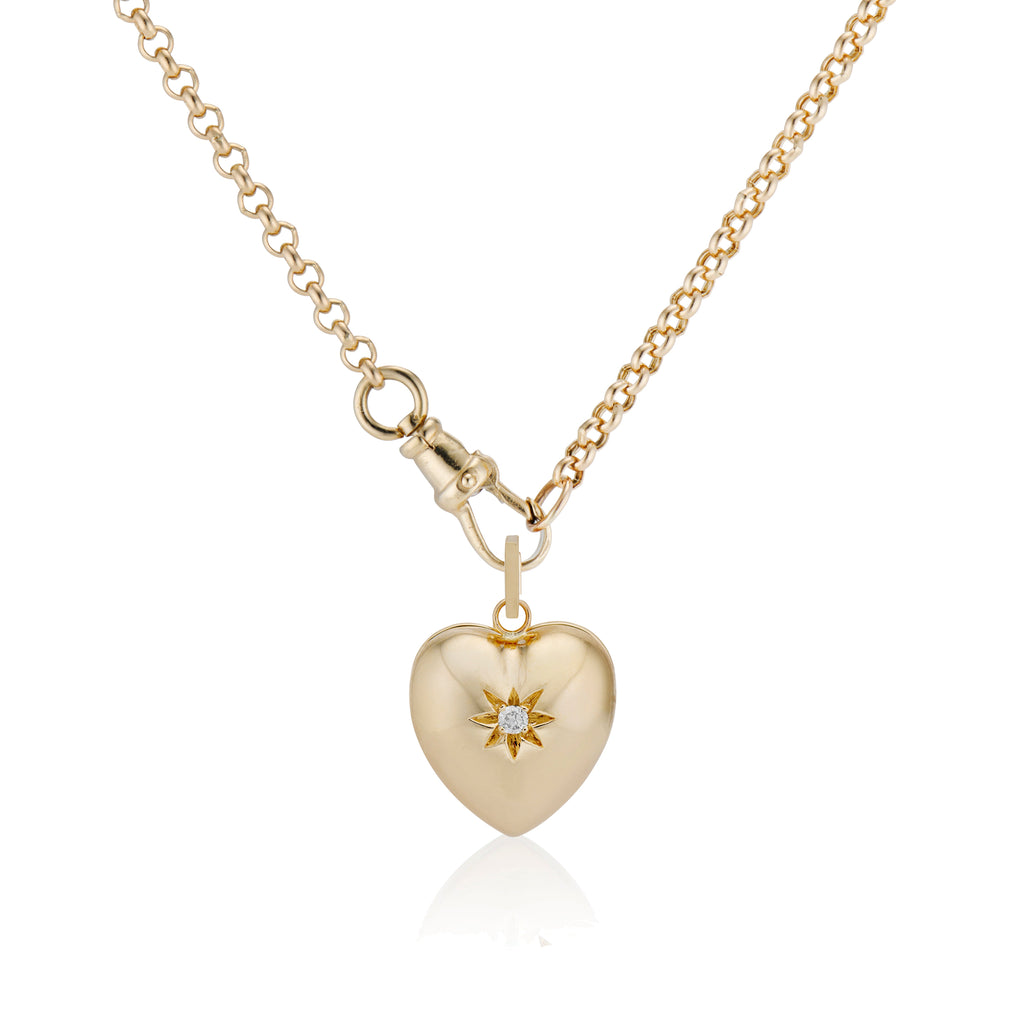 Diamond Star Heart Locket and  Small Belcher Chain with Dog Clip Clasp