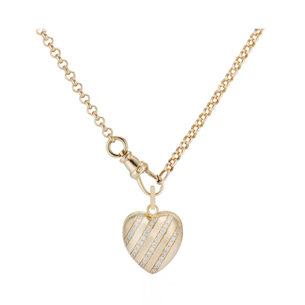 Diamond Heart Stripe Locket and Small Belcher Chain with Dog Clip Clasp