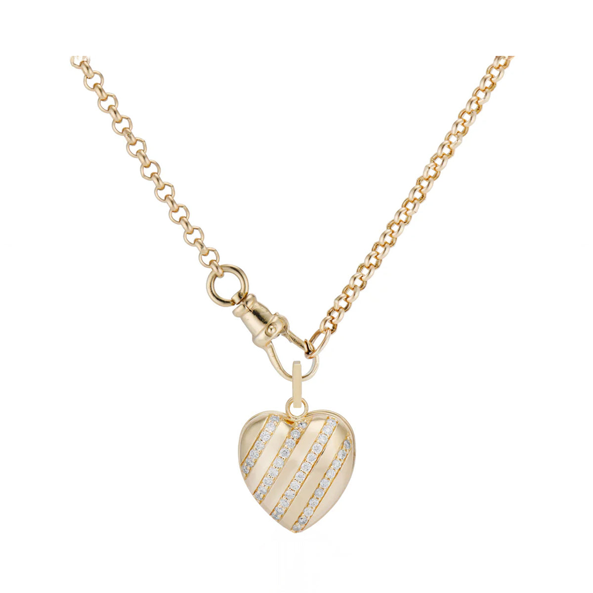 Diamond Heart Stripe Locket and Small Belcher Chain with Dog Clip Clasp