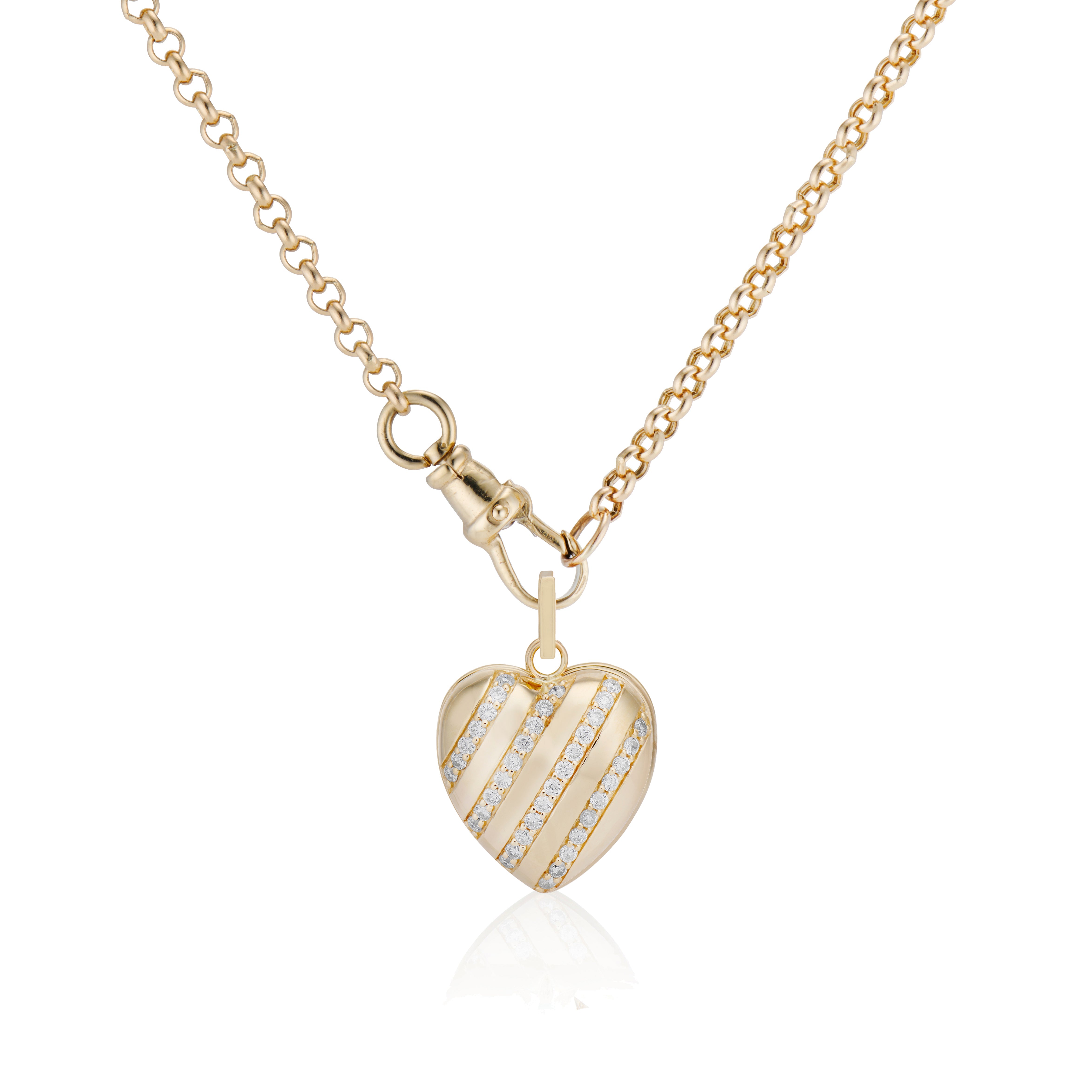 Diamond Heart Stripe Locket and Small Belcher Chain with Dog Clip Clasp