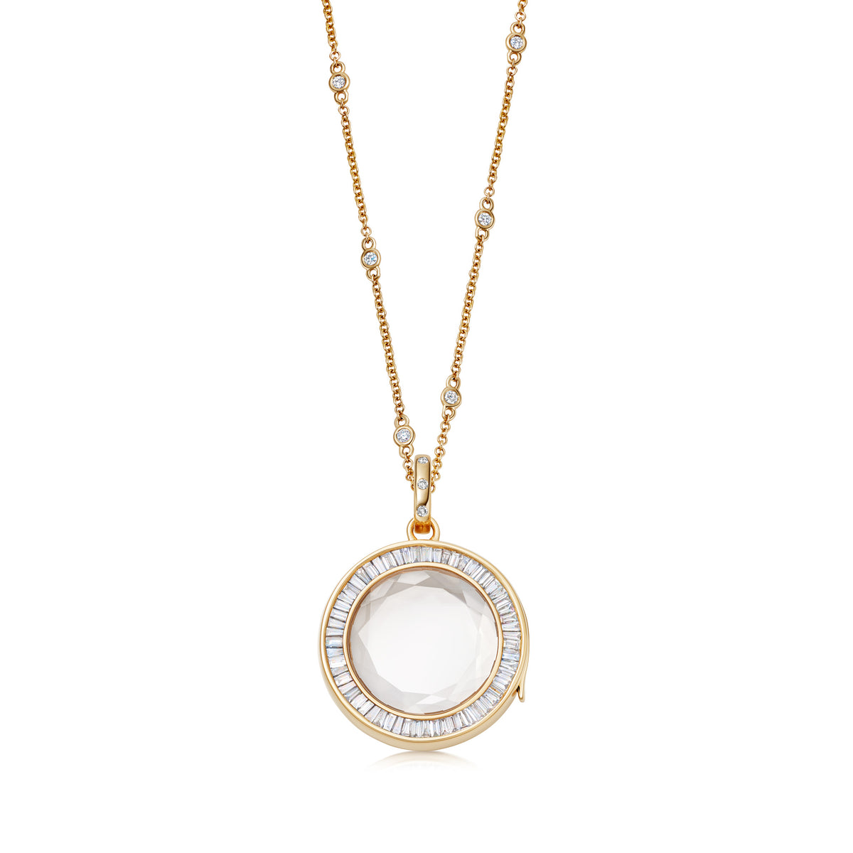 Diamond Baguette Orb Locket on Diamond Adjustable Chain