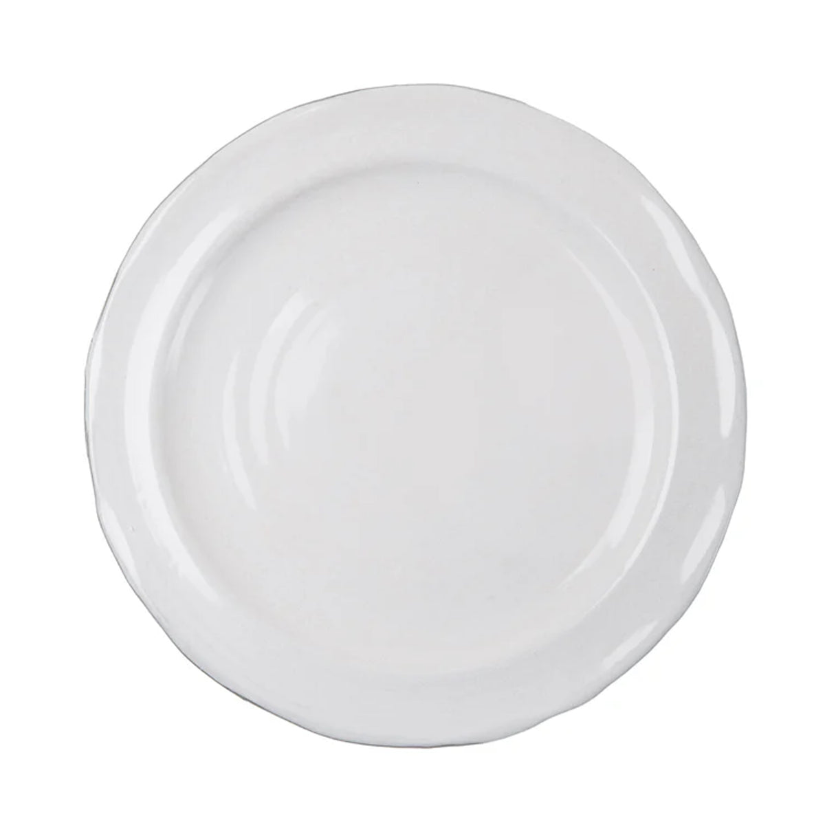 Top-down view of Bevagna dinner plate showcasing lettuced edge detailing on white glazed terracotta with plain white background