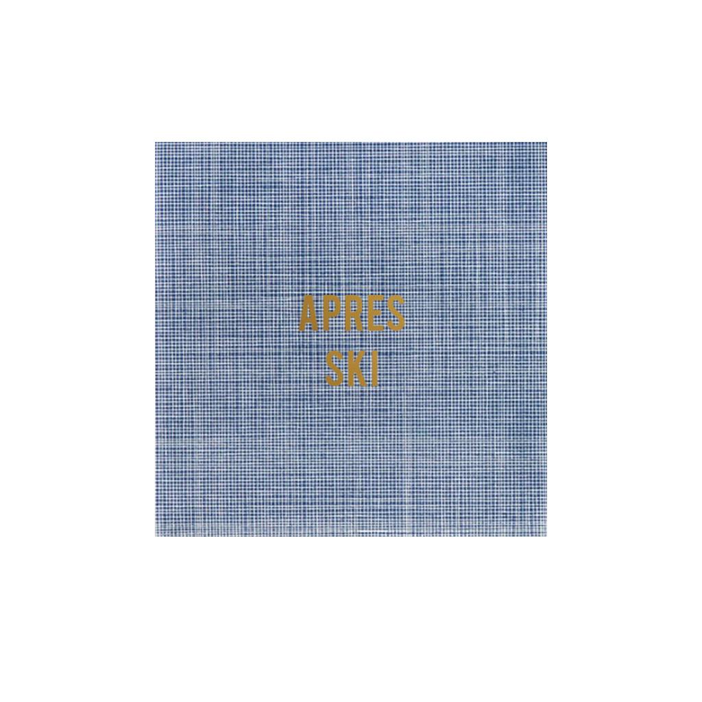 Top view of Apres Ski disposable cocktail napkin showcasing navy crosshatch pattern and shiny gold foil APRES SKI lettering