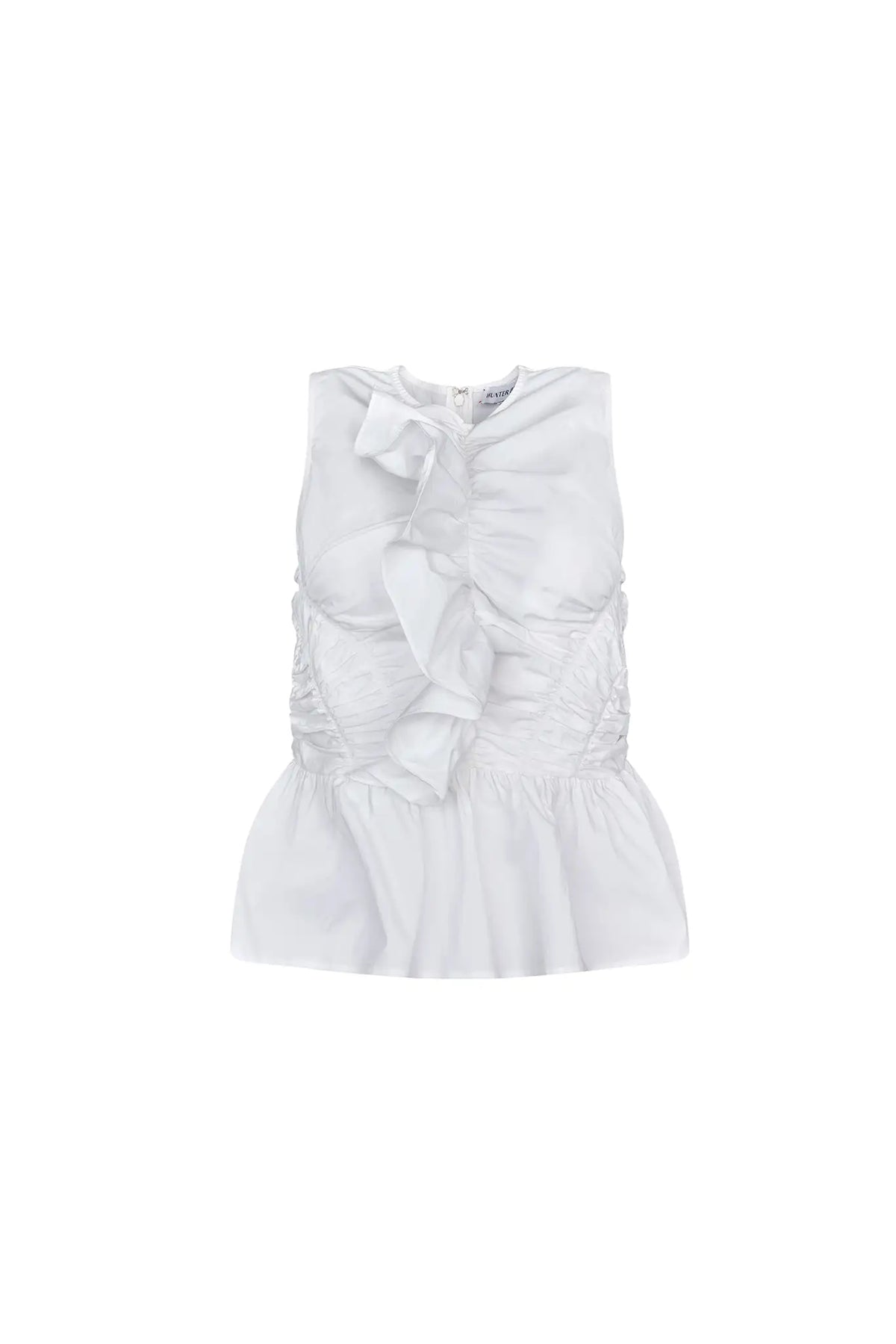 The Doering Top is a fitted V-neck silhouette with ruffles, shirring, and a peplum waist. 