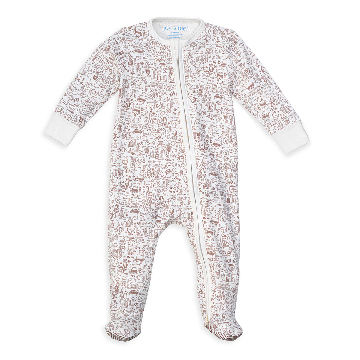 Front view of Good Dog Zip Baby Onesie showcasing ivory ground, brown hand-drawn dog print, and two-way zip