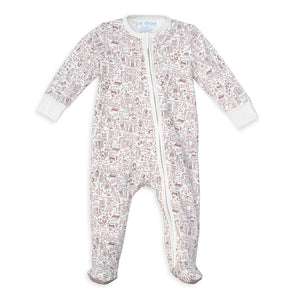 Front view of Good Dog Zip Baby Onesie showcasing ivory ground, brown hand-drawn dog print, and two-way zip