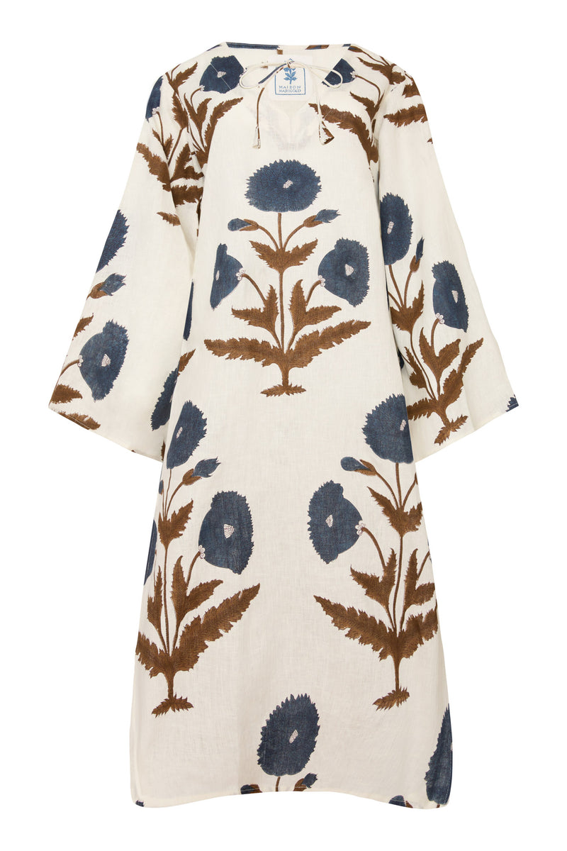 Doha Kaftan in Khaki & Navy Flower