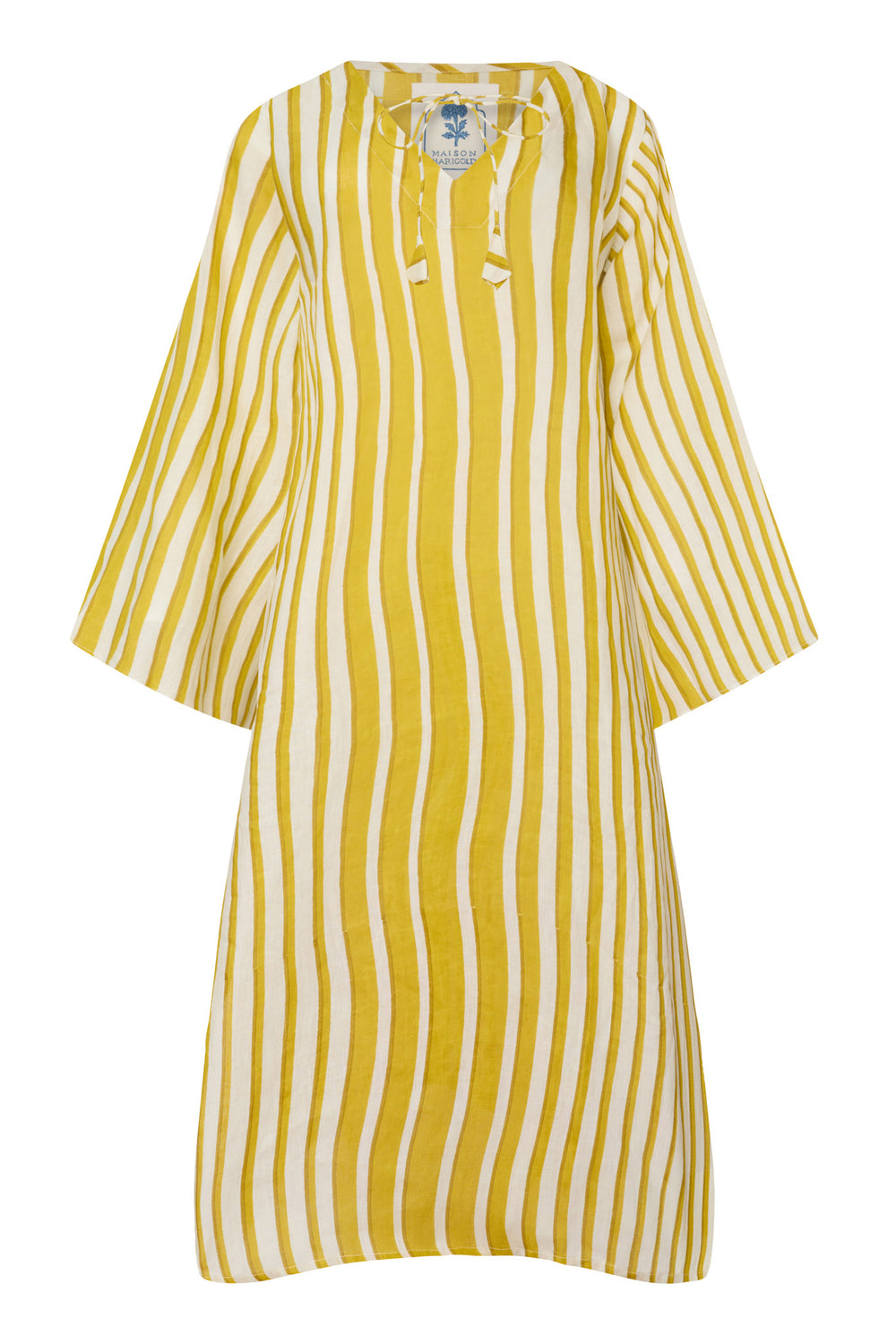 Front view of Doha caftan showcasing yellow and white vertical stripes, tie neckline and wide sleeves on white background