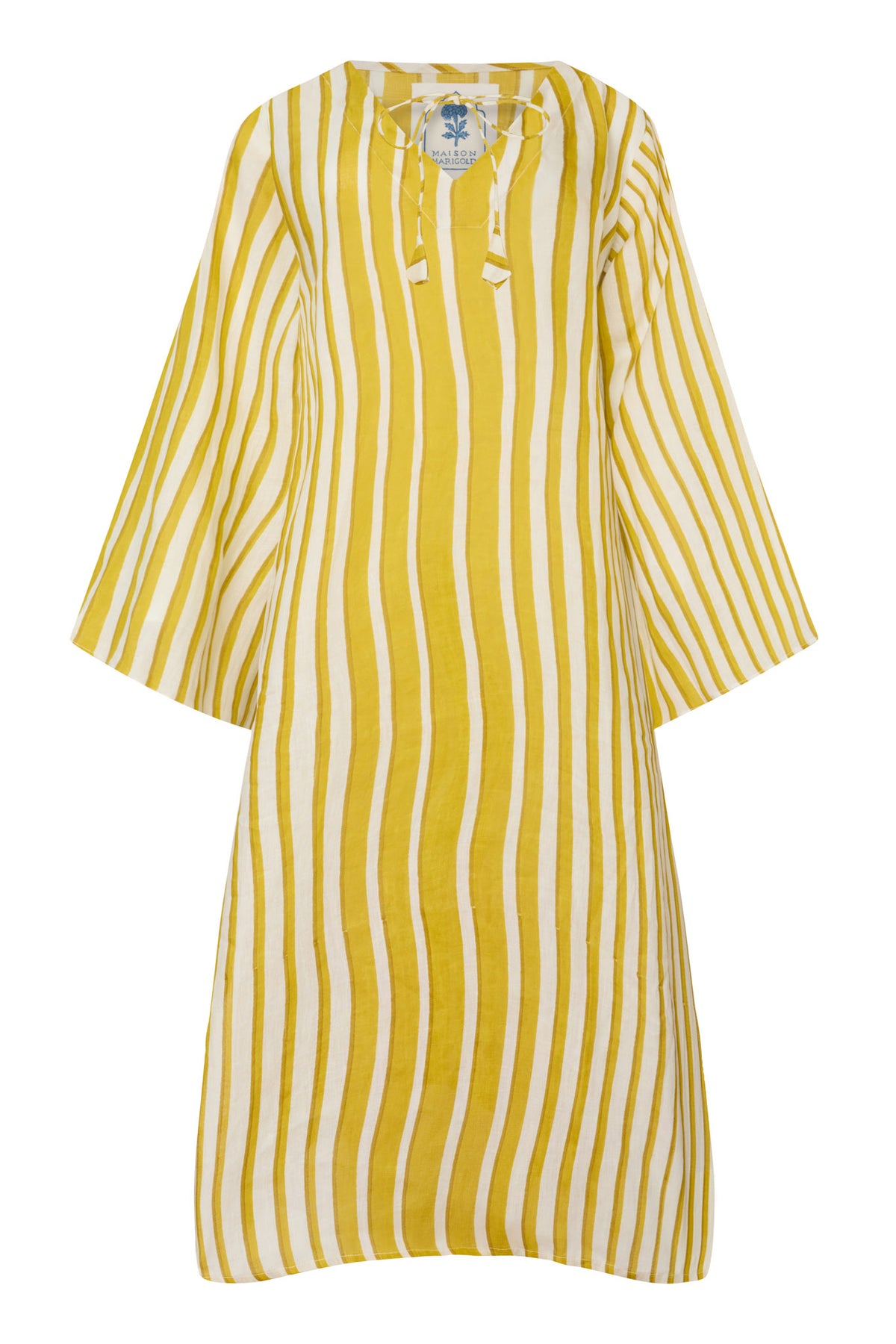 Front view of Doha caftan showcasing yellow and white vertical stripes, tie neckline and wide sleeves on white background