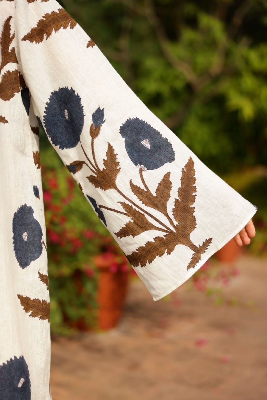 Doha Kaftan in Khaki & Navy Flower