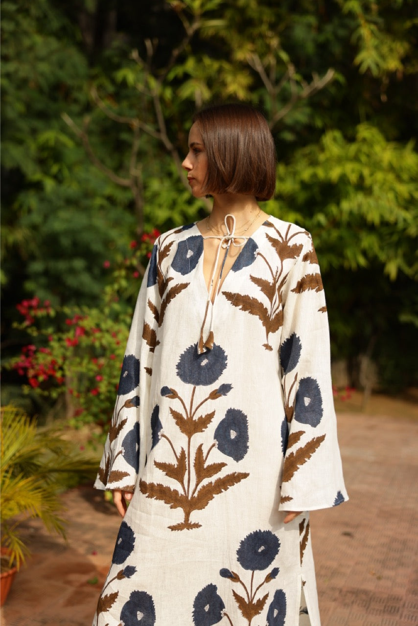Doha Kaftan in Khaki & Navy Flower