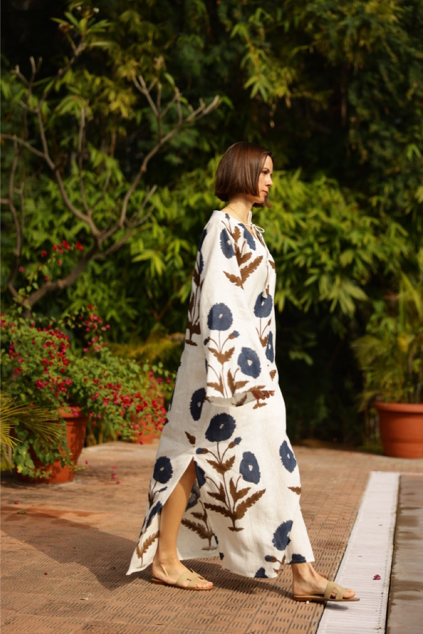 Doha Kaftan in Khaki & Navy Flower