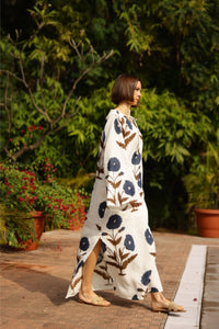 Doha Kaftan in Khaki & Navy Flower