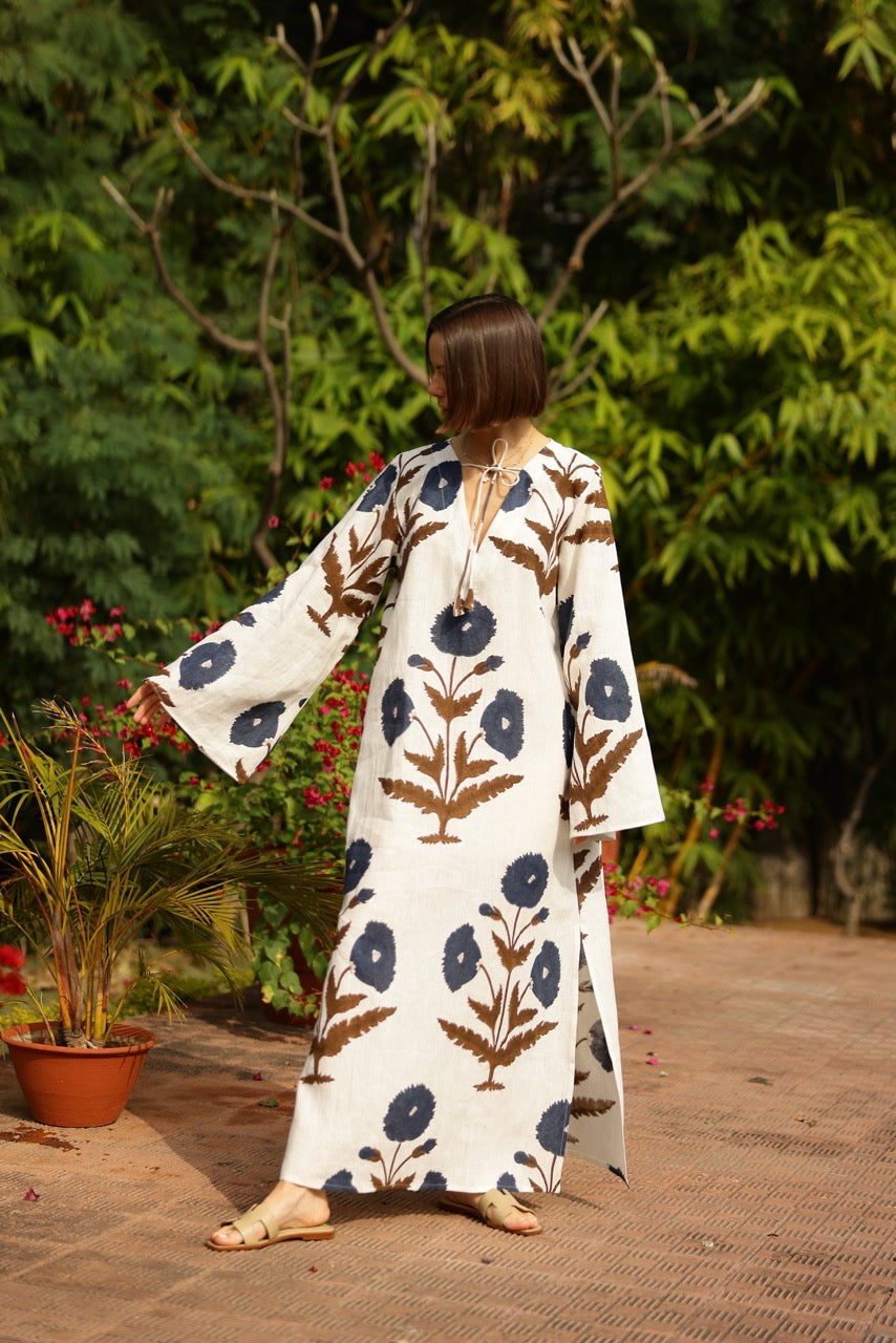 Doha Caftan in Khaki & Navy Flower