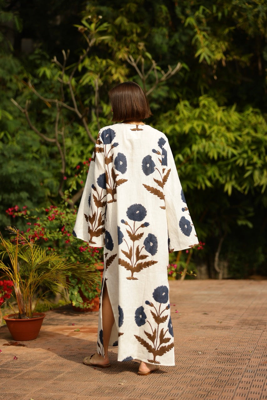 Doha Kaftan in Khaki & Navy Flower
