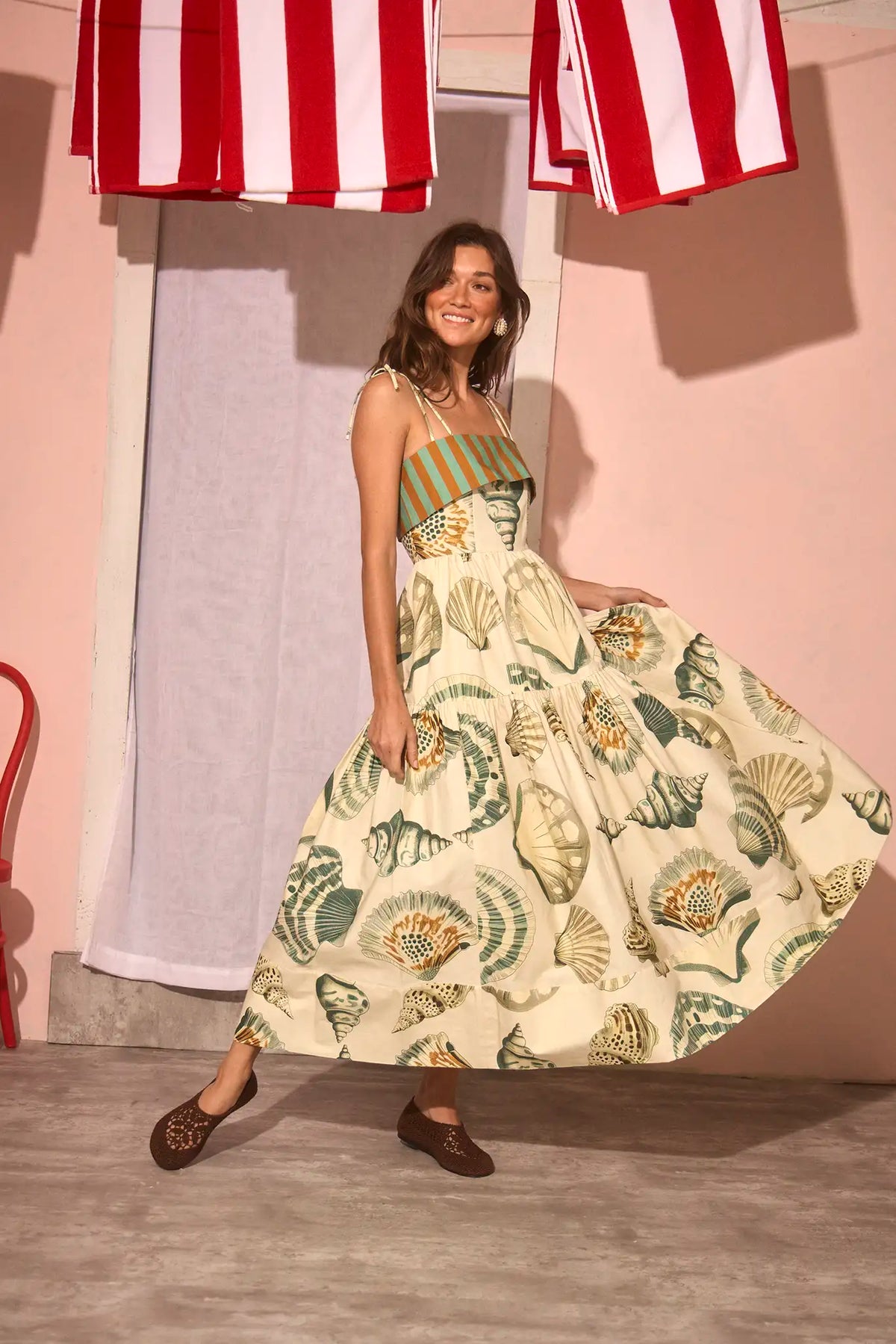 The Dolly Dress in Somers Shell Cream with full shirred skirt.
